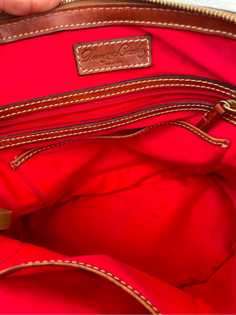 Dooney & Bourke Navy Pebble Leather Satchel with Brown Trim and Strap - Picture 8 of 14